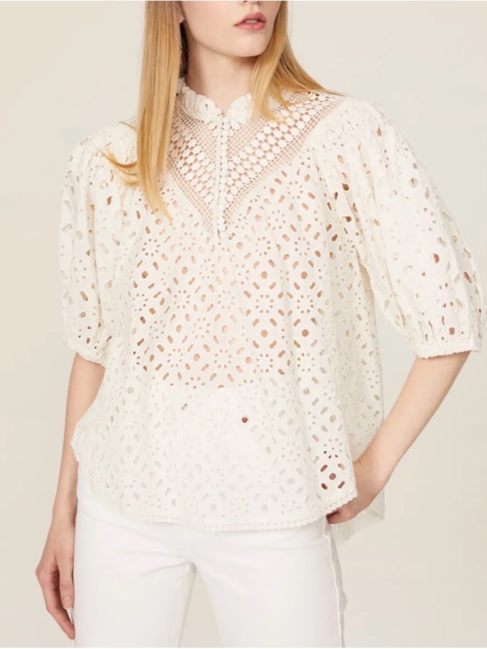 Allsaints Tila Broderie eyelet puff 3/4 sleeves top